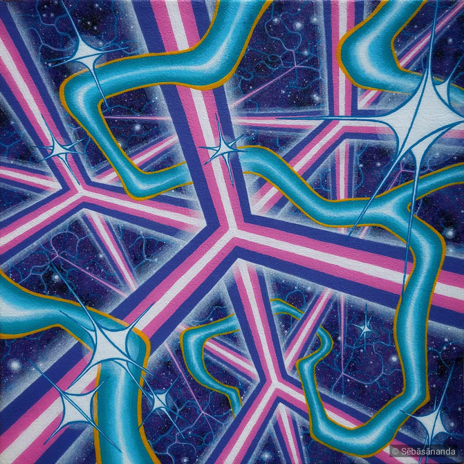 Structure expanse: Psychedelic acrylic painting with pink and blue tubular shapes forming a geometric maze against a starry background by Sēbāsānanda