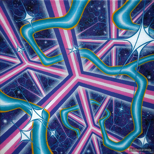 Structure expanse: Psychedelic acrylic painting with pink and blue tubular shapes forming a geometric maze against a starry background by Sēbāsānanda