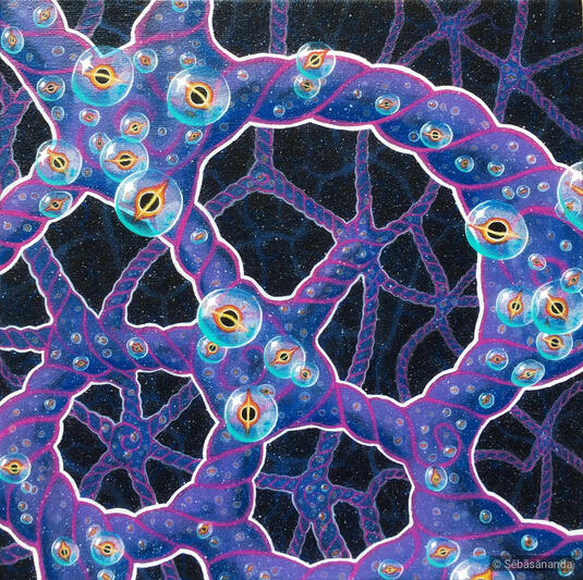 Cosmic neural network: Abstract acrylic painting of purple cellular network structures with glowing nodes on a dark background by Sēbāsānanda