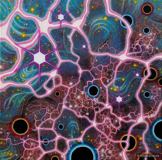 Starscape pt3: Psychedelic acrylic painting of pink neural-like energy webs and glowing orbs on a dark cosmic background by Sēbāsānanda