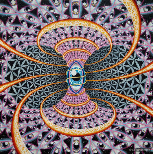 Oculus uni-versum: Sacred geometry acrylic painting with a central eye in a spiral tunnel, torus field, of orange and purple patterns by Sēbāsānanda