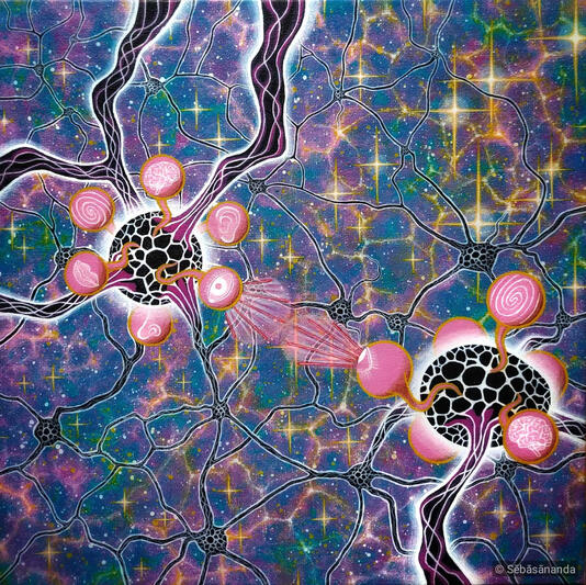 Āyatana: Visionary acrylic painting of glowing neural cells and synapses with pink and green energy connections by Sēbāsānanda