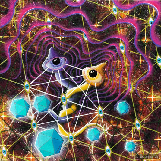 Surreal acrylic painting of two eyes connected by lines and blue polyhedrons on a pink cosmic background by Sēbāsānanda