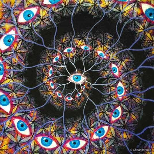 Vortex realignment: Acrylic painting of a spiral of blue eyes on a golden sacred geometry pattern with neural connections by Sēbāsānanda
