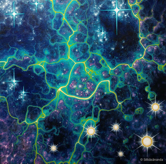 Starscape pt4: Abstract acrylic painting of green and blue cosmic lightning on a dark starry space background by Sēbāsānanda