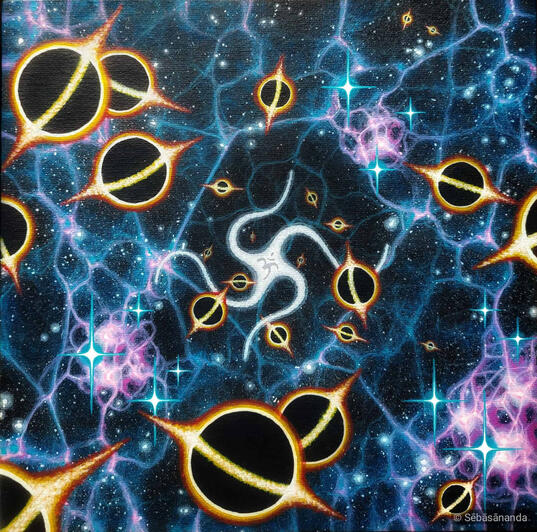 PranaPulse: Surreal acrylic painting of black hole planets and golden rings in a blue cosmic web with stars by Sēbāsānanda