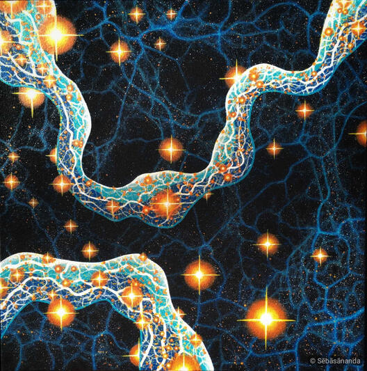 Emptyfull: Abstract acrylic painting of glowing blue neural-like veins and stars in a dark cosmic space by Sēbāsānanda