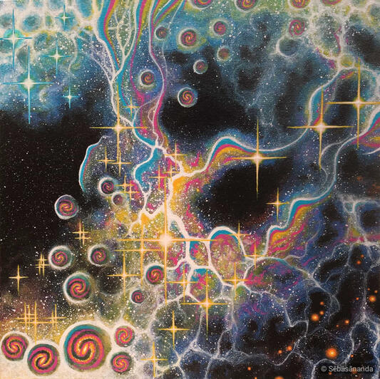 Observatorium: Psychedelic acrylic painting of colorful energy streams and swirls with stars and cosmic bubbles, spiral galaxy by Sēbāsānanda