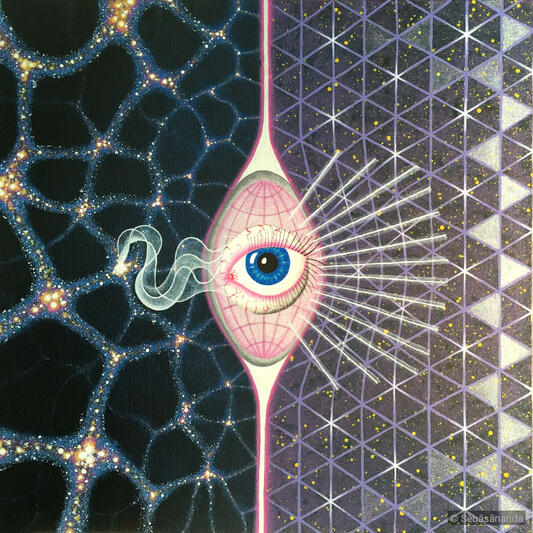 Structures from silence: Visionary acrylic painting of a glowing eye splitting a cosmic network and sacred geometry background by Sēbāsānanda