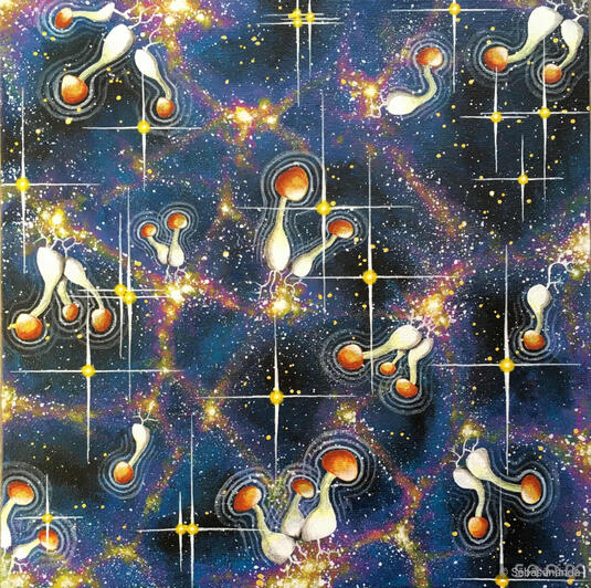 Acrylic painting of floating orange and white shrooms in a starry cosmic network grid by Sēbāsānanda