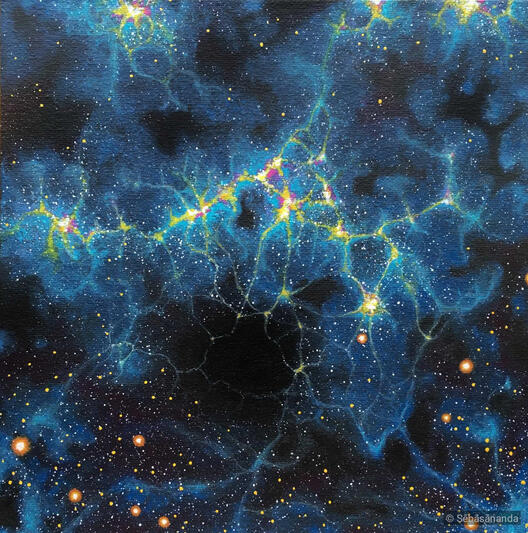 Starscape pt2: Acrylic painting of a blue cosmic nebula with glowing yellow and pink neural-like connections and stars by Sēbāsānanda
