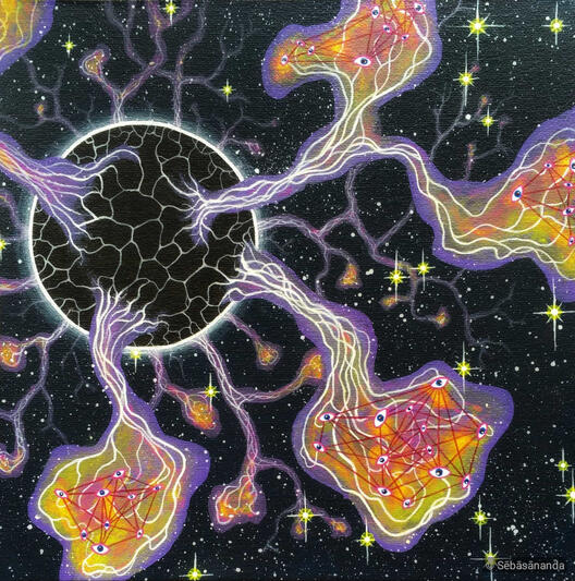 Optic Nerves: Psychedelic acrylic painting of a black hole connected to glowing organic shapes with eyes in space by Sēbāsānanda