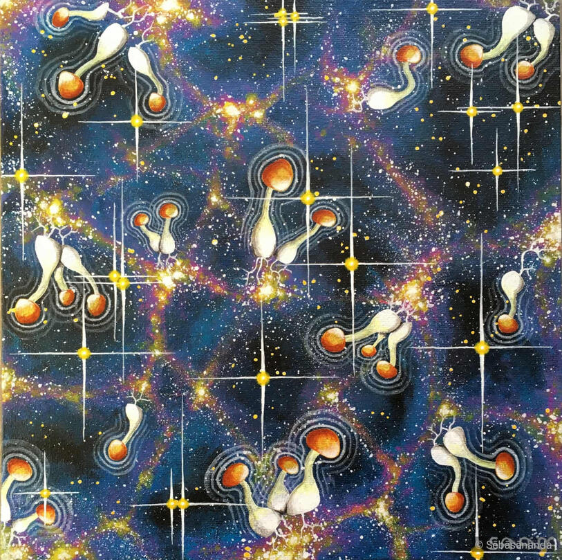 Acrylic painting of floating orange and white shrooms in a starry cosmic network grid by Sēbāsānanda