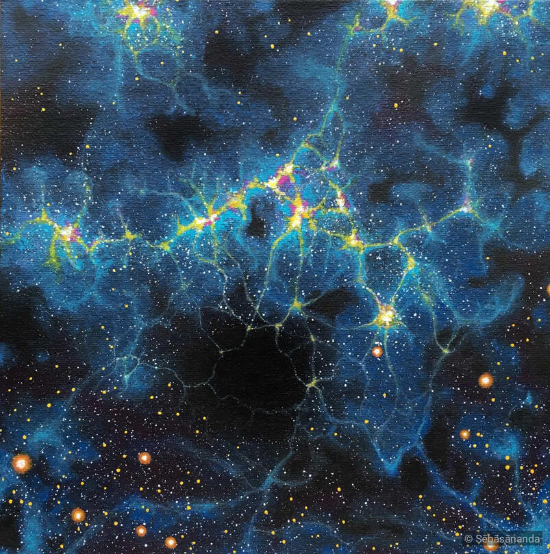 Starscape pt2: Acrylic painting of a blue cosmic nebula with glowing yellow and pink neural-like connections and stars by Sēbāsānanda