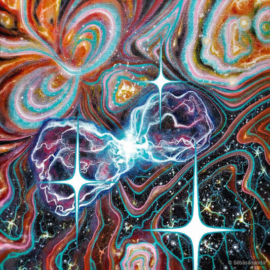 Stardust: Abstract acrylic painting, Quasar, with swirling neon colors, stars and a glowing energy core by Sēbāsānanda