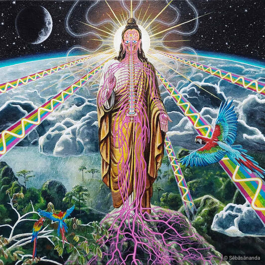 Sol immersion: Acrylic painting of a glowing robed figure standing on a mountain above earth with parrots and rainbow light rays by Sēbāsānanda