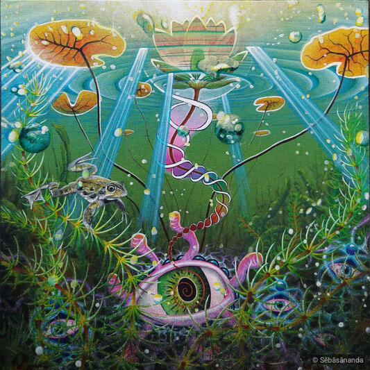 Lotus in muddy water: Surreal acrylic painting of an eye and DNA spiral in an underwater scene with lotus flowers and lily pads by Sēbāsānanda