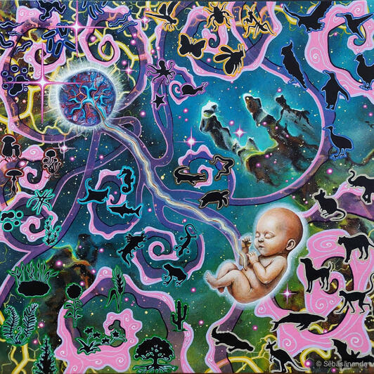 The empty dreampod epic: Psychedelic acrylic painting with pink and blue swirls, silhouettes of animals, a baby and cosmic energy by Sēbāsānanda