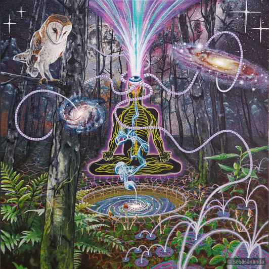No beginning: Acrylic painting of a meditating figure with energy streams in a forest with an owl, galaxy and glowing plants by Sēbāsānanda
