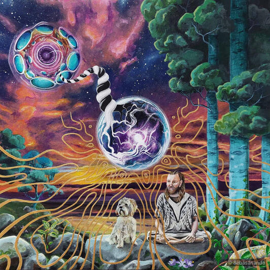 AuraGold: Visionary acrylic painting of a man meditating with a dog under a cosmic sky with a glowing orb and forest by Sēbāsānanda