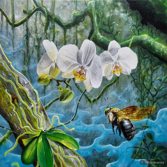 Symbiotic systems: Acrylic painting of white orchids and a bee on a mossy branch with blue mist background by Sēbāsānanda