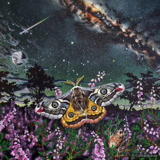 The cosmic cocoon: Acrylic painting of a large emperor moth in a purple heather field under the milky way and shooting stars by Sēbāsānanda