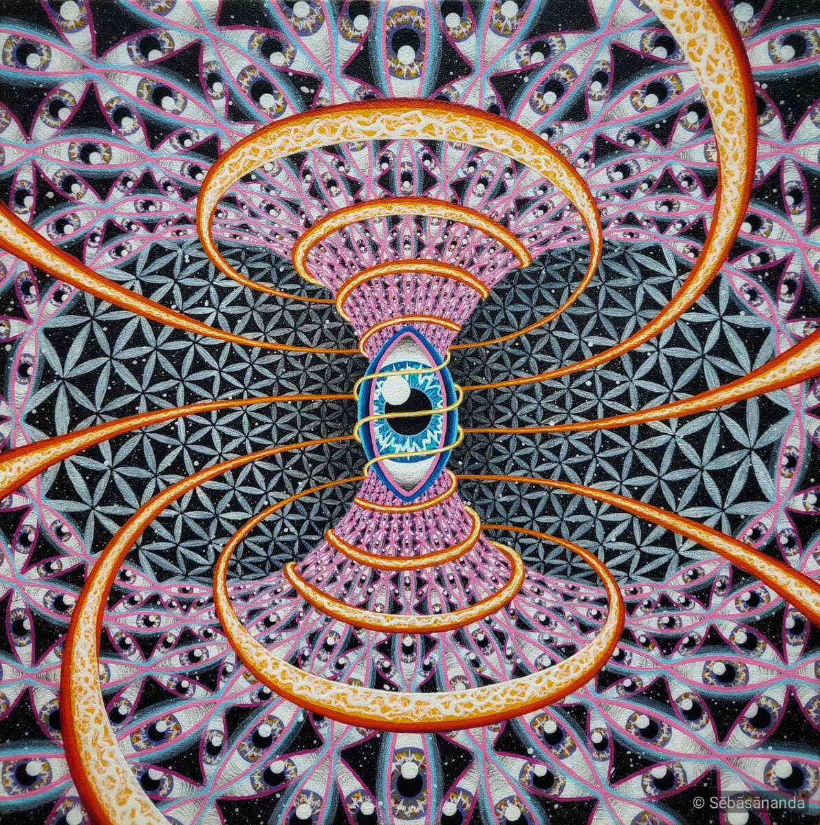 Oculus uni-versum: Sacred geometry acrylic painting with a central eye in a spiral tunnel, torus field, of orange and purple patterns by Sēbāsānanda
