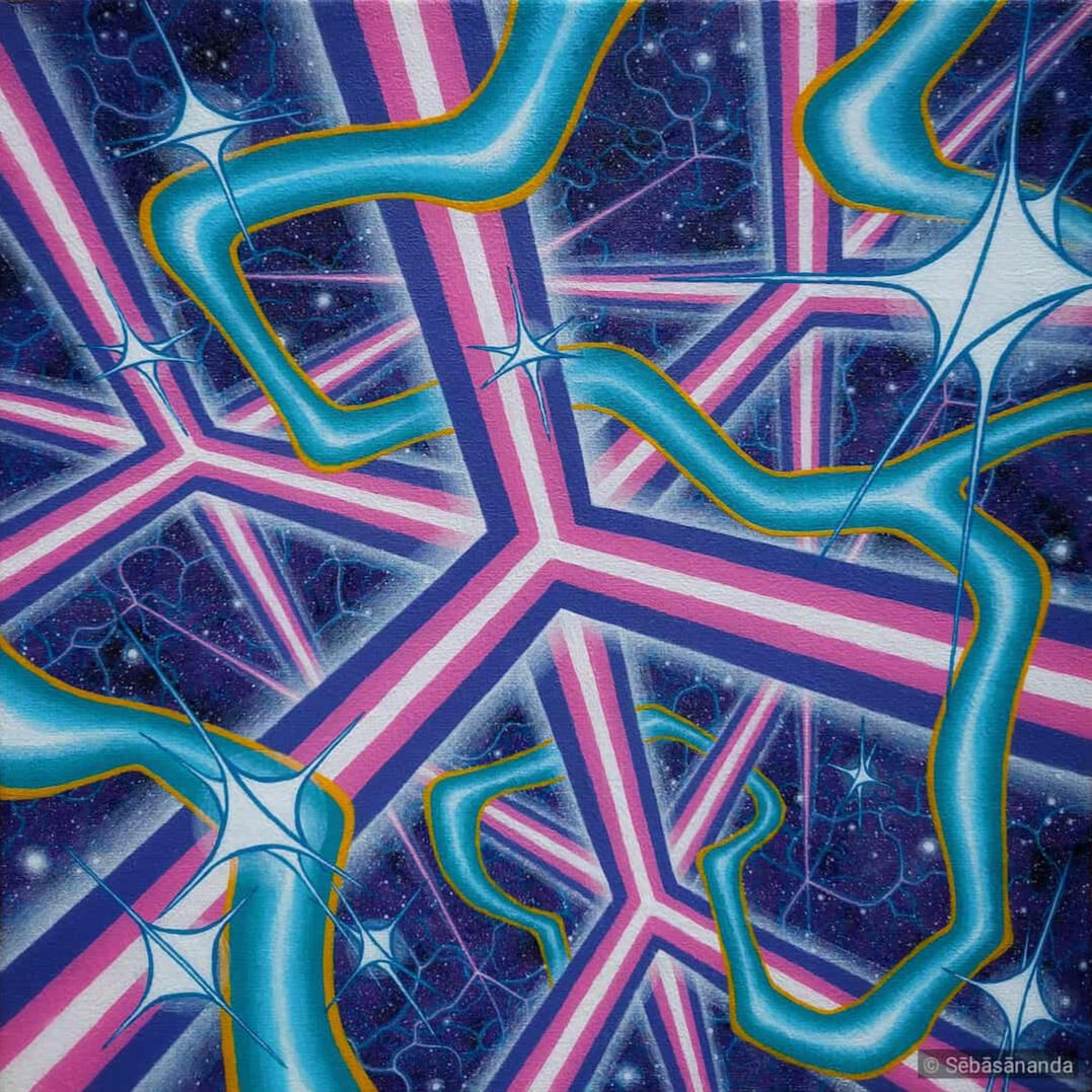 Structure expanse: Psychedelic acrylic painting with pink and blue tubular shapes forming a geometric maze against a starry background by Sēbāsānanda