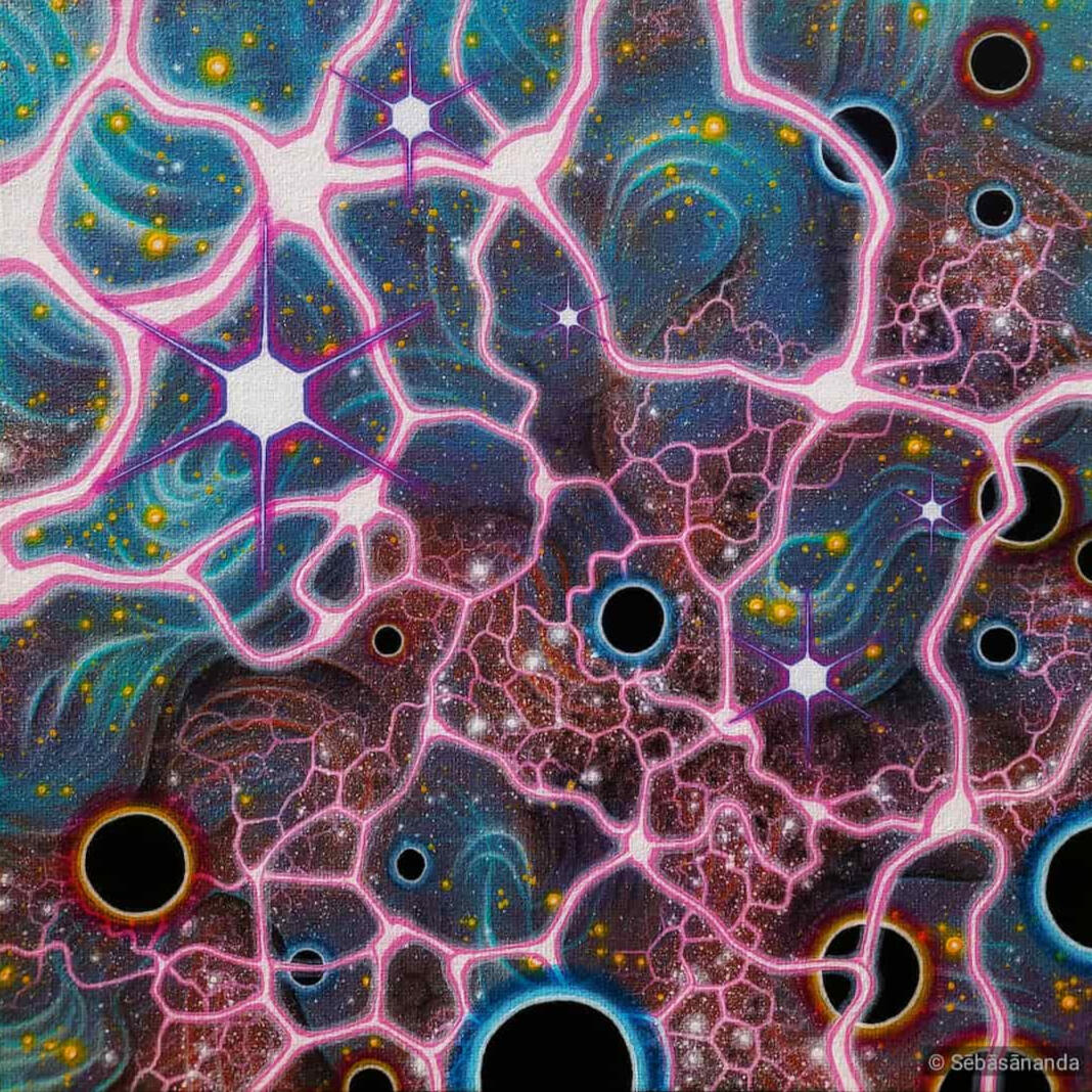 Starscape pt3: Psychedelic acrylic painting of pink neural-like energy webs and glowing orbs on a dark cosmic background by Sēbāsānanda
