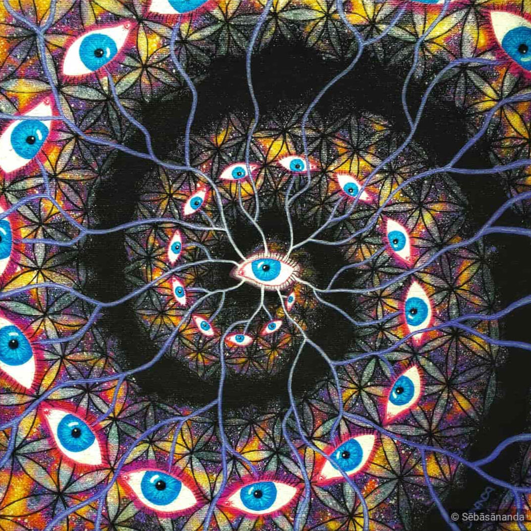 Vortex realignment: Acrylic painting of a spiral of blue eyes on a golden sacred geometry pattern with neural connections by Sēbāsānanda