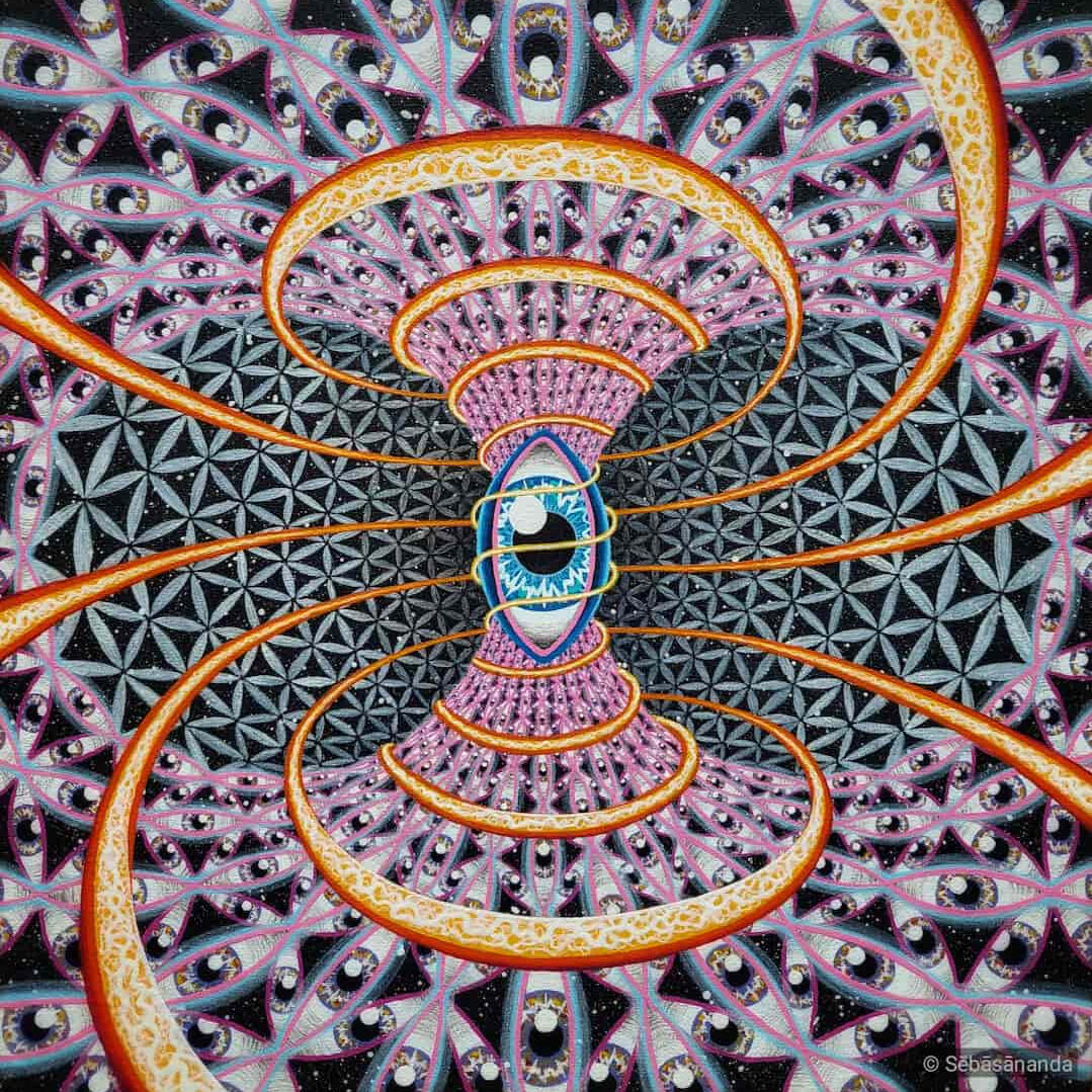 Oculus uni-versum: Sacred geometry acrylic painting with a central eye in a spiral tunnel, torus field, of orange and purple patterns by Sēbāsānanda
