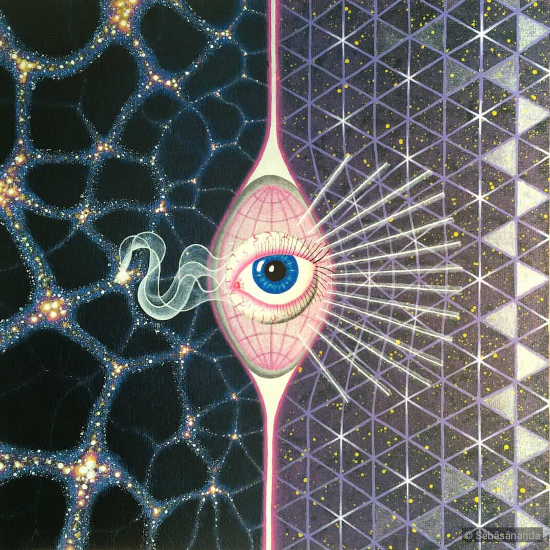 Structures from silence: Visionary acrylic painting of a glowing eye splitting a cosmic network and sacred geometry background by Sēbāsānanda