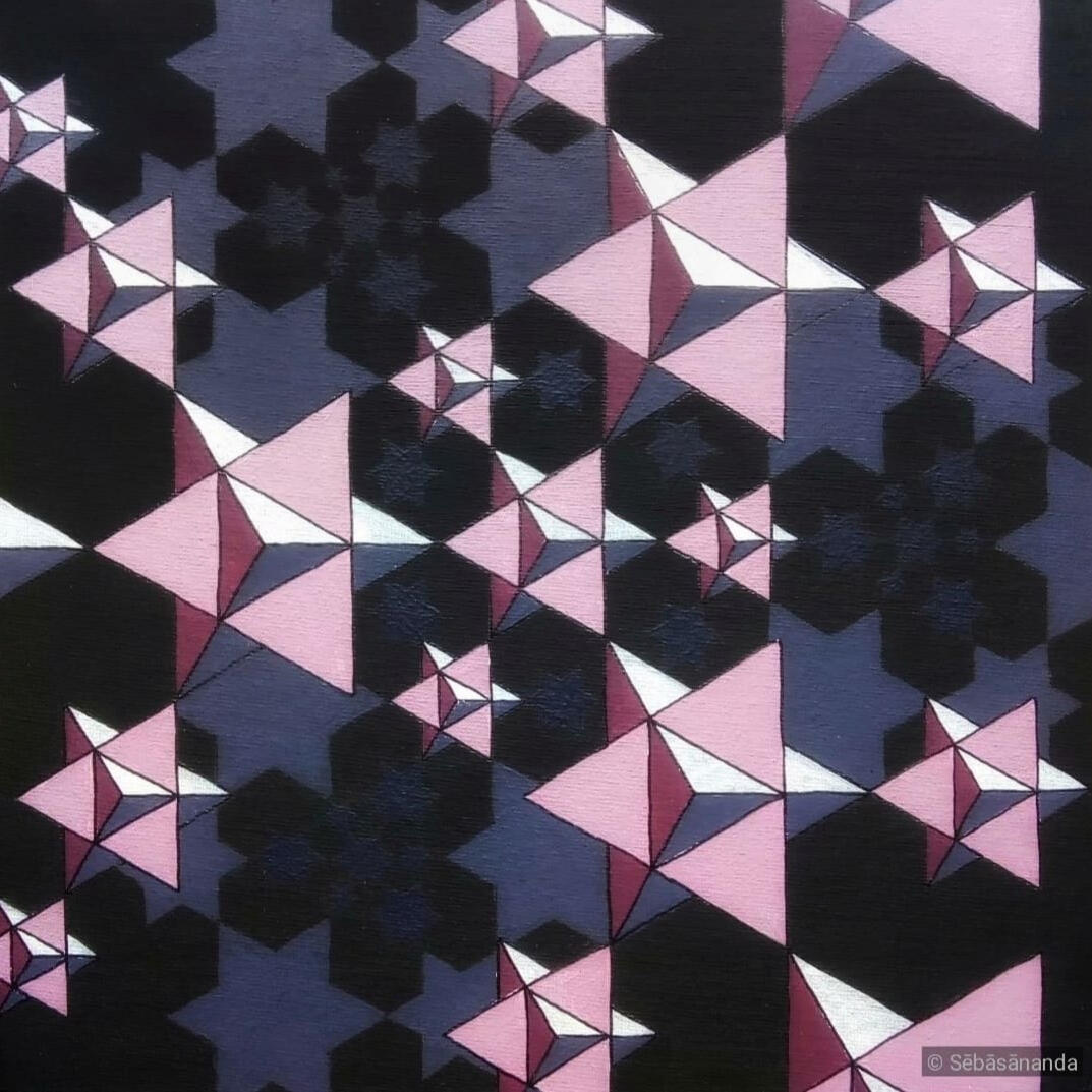 Tetrahedron star flock Acrylic on panel, 25 x 25 cm 2022 Click to view High-Res ↗