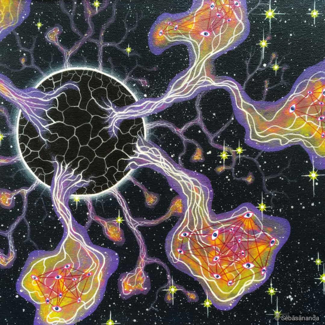 Optic Nerves: Psychedelic acrylic painting of a black hole connected to glowing organic shapes with eyes in space by Sēbāsānanda